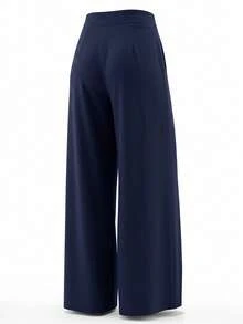 Women's Autumn High Waist Metal Buckle Detail Wide Leg Pants, Navy Blue Pleated Wide Leg Trousers Suitable For Office And Daily Commute - Navy Blue - View 3