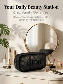 Christian Dior Black Portable High‑End Textured Plaid Mesh Cosmetic Bag, Minimalist Travel Toiletry Pouch For Makeup Accessories - Black - View 6