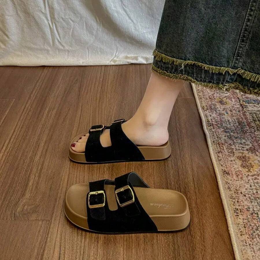 Summer New Double Strap Thick Sole Sandals For Women, Outdoor Wear, Retro Versatile Elegant Style, Slip-On Sandals, Beach Sandals, Slides, Lightweight & Delicate - Black - View 1