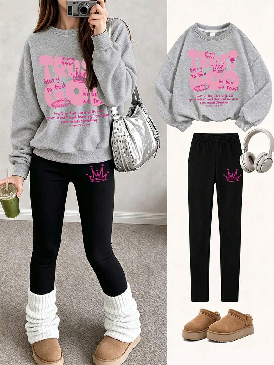 Tween Girl Casual Comfortable Crew Neck Long Sleeve Sweatshirt & Leggings, Suitable For Autumn/Winter Daily Wear, Outings, Girly Style - Grey - View 1