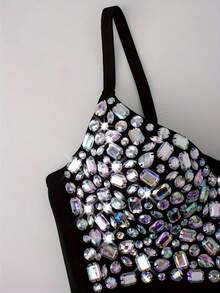 時尚個性修身壓克力亮片露背彩色短版細肩帶背心性感上衣 - 黑色 - 查看 7