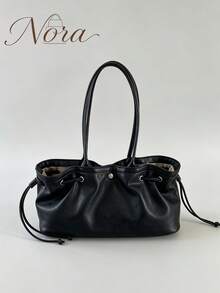 Black Soft Drawstring Shoulder Bag, Minimalist Ruched Slouchy, Large Capacity Commuter Underarm Bag For Women - Black - View 2