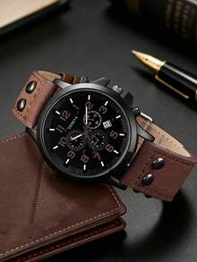 3/5PCS Men's Business Casual Watch Gift Set, Calendar Watch + Keychain + Pen + Brown Glasses + Embossed Wallet, Perfect Gift For Daily Wear And Gifting - Mouldless - View 9