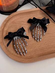 2pcs Halloween Gothic Bow Skull Hair Clips, Women's Punk Style Hair Accessories Holiday Headwear, Fashion Bow Hair Clips Halloween Horror Decor - Multicolor - View 7