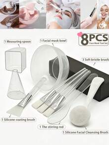 5/6/8/10/50pcs DIY Mask Mixing Tools Set, Mask Application Brush Set, Soft Bristle Brush, Measuring Spoon, Mask Bowl, Silicone Coated Brush, Stirring Rod, Silicone Cleansing Brush, Suitable For Home SPA Skincare - Clear - View 2