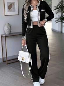 Setelan Jaket dan Celana Lengan Panjang Motif Houndstooth Musim Gugur/Dingin untuk Wanita, Modis dan Elegan, Cocok untuk Perjalanan Sehari-hari dan Tempat Kerja - Hitam - View 1