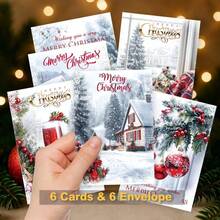 A Set Of Elegant Red And White Christmas Greeting Cards, Including 6 Cards And 6 Envelopes, Perfect For Spreading Holiday Cheer And A Perfect Winter Gift For Your Loved Ones - 6 Greeting Cards + 6 Envelopes - View 6