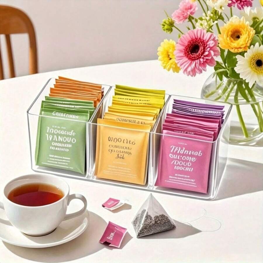 1pc 3-Compartment Lucky Tea Bag Storage Box, Suitable For Kitchen Cabinets, Coffee Corners And Tableware Storage - Multicolor - View 1
