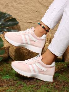 Women Retro Patchwork Lace‑Up Casual Running Sneakers - Pink - View 3