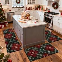 1/2/3pcs Christmas Theme Kitchen Rug, Flannel Kitchen Rug Red & Green Plaid Christmas Style, Comfortable Soft Absorbent Non-Slip, Machine Washable With Non-Slip Backing, Multi-Functional Home Mat Suitable For Doorway, Living Room, Bedroom, Kitchen, Dining Room, Bathroom, Laundry Room, Patio, Entryway, Holiday Home Decor - Multicolor - View 6