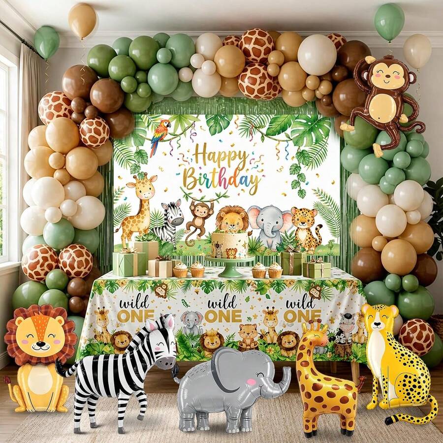 113pcs Animal Theme Birthday Party Decoration Set, Includes Multiple Colors Balloons, Suitable For Birthday Party And Baby Shower Decoration, Wild And Avant-Garde Style - View 1