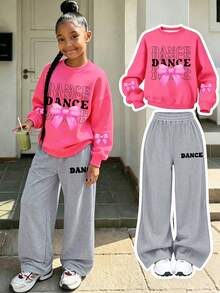 2pcs/Set Crew Neck Sweatshirt And Wide Leg Pants Outfit For Girls, Pink Bow Pattern Crew Neck Sweatshirt + Wide Leg Pants Matching Set, Suitable For Autumn/Winter Daily Wear - Multicolor - View 1