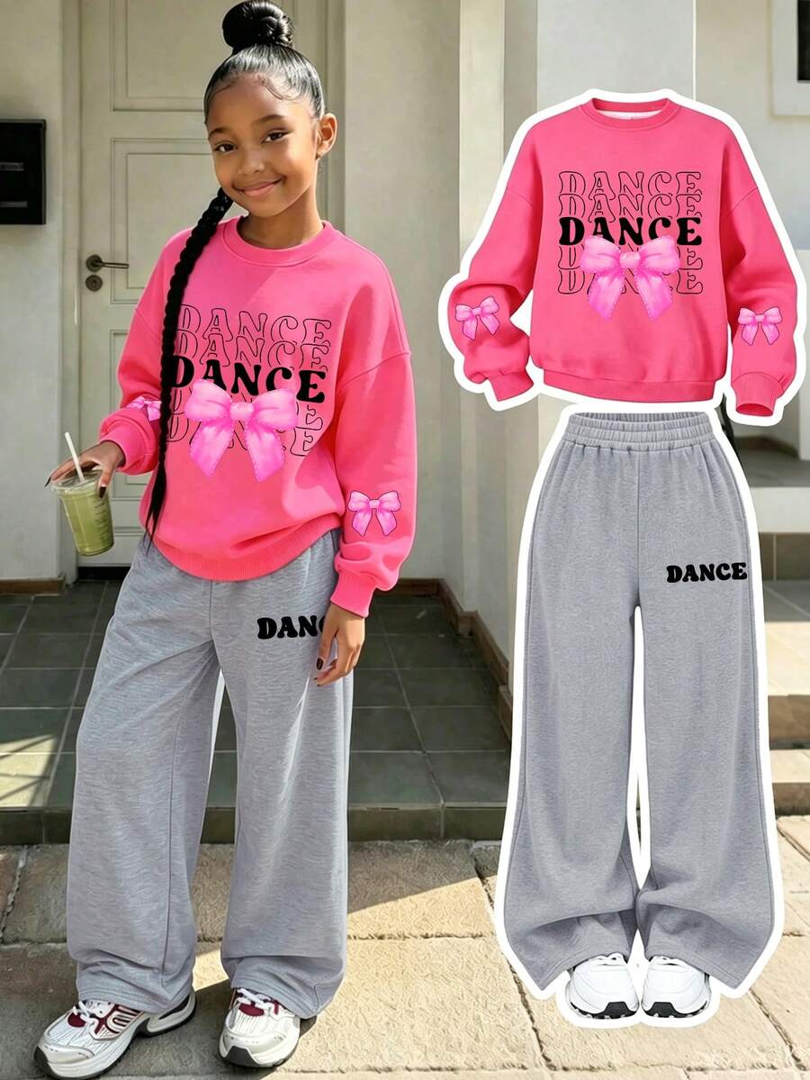 2pcs/Set Crew Neck Sweatshirt And Wide Leg Pants Outfit For Girls, Pink Bow Pattern Crew Neck Sweatshirt + Wide Leg Pants Matching Set, Suitable For Autumn/Winter Daily Wear - Multicolor - View 1