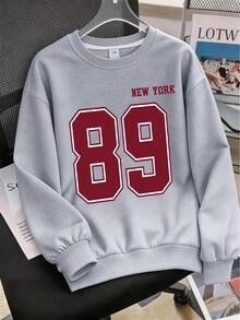 Girls And Teens Gray Crew Neck Sweatshirt With Creative Letter Combination Graphic Paired With Gray Wide Leg Pants, Fashionable And Versatile, Minimalist Yet Stylish Design Makes It An Ideal Choice For Casual Daily Wear, Especially Suitable For Autumn And Winter - Grey - View 3