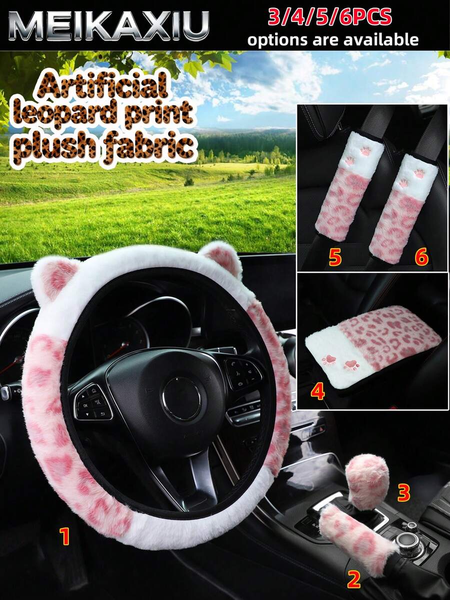 3/4/5/6PCS Sarung Setir Mobil Berbahan Plush Motif Leopard Buatan Tanpa Cincin Dalam, Sarung Rem Tangan, Sarung Tuas Persneling, Pelindung Bahu, Bantalan Sandaran Tangan, Aksesoris Dekorasi Mobil untuk Wanita