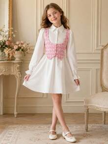 Autumn Tween Girl Fashion Elegant Colorblock Plaid 2 In 1 Dress - White - View 1