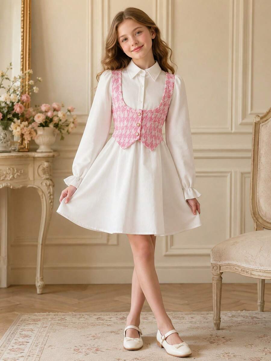 Autumn Tween Girl Fashion Elegant Colorblock Plaid 2 In 1 Dress - White - View 1
