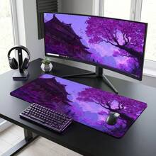 Purple Ancient Architecture Foggy Flower Tree Art Pattern Extra Long Gaming Mouse Pad And Desk Mat Set, Non-Slip Durable Rubber Bottom, Smooth Surface Suitable For Computer Laptop Office Home, Abstract Art Decoration, Back To School Supplies - A - View 8