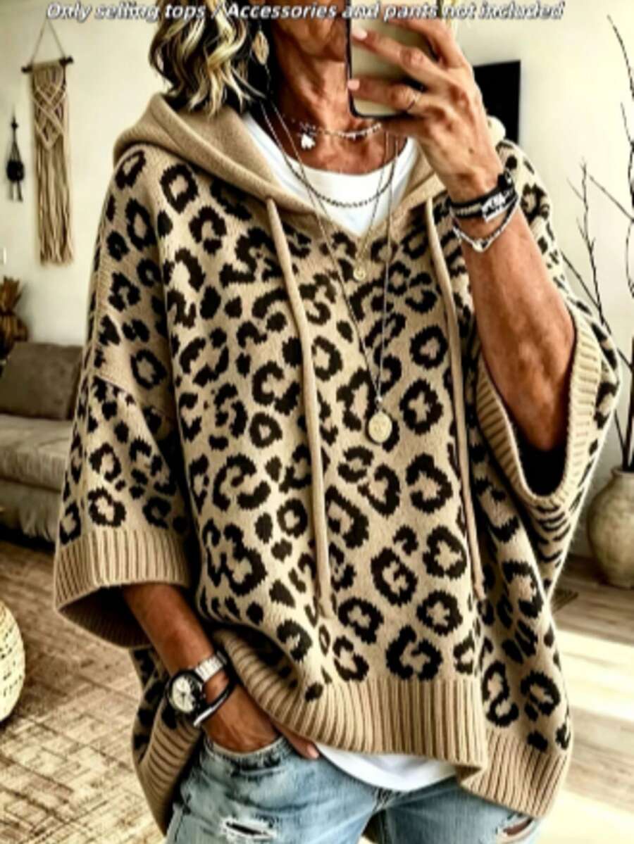Women's Loose Leopard Print Hooded Knit Pullover Sweater With Dropped Shoulders, 5-Point Sleeves, Drawstring V-Neck, Casual - Leopard - View 1