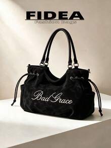 New Women's Matte Embroidered Letter PU Tote Bag, Drawstring Shoulder Large Capacity Commuter Underarm Bag, Casual Daily Work Versatile Handbag Crossbody Bag - Black - View 11
