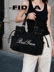 New Women's Matte Embroidered Letter PU Tote Bag, Drawstring Shoulder Large Capacity Commuter Underarm Bag, Casual Daily Work Versatile Handbag Crossbody Bag - Black - View 6