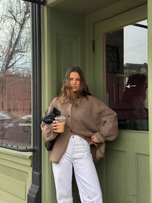Senya 2026 Women's Ribbed Knit Cardigan, Grey-Brown Lapel Button Sweater, Loose Oversized Long Sleeve Contrast Trim Casual Autumn/Winter Top - Camel - View 1