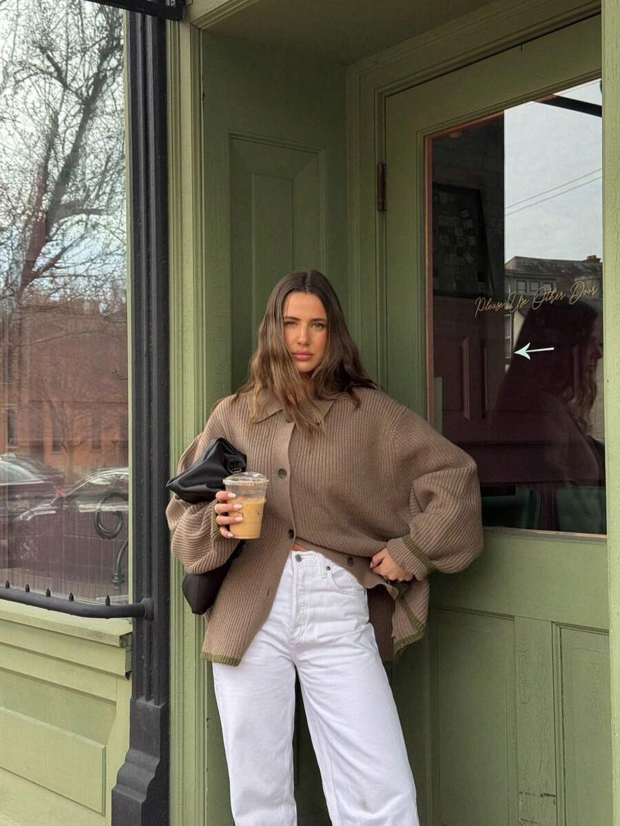 Senya 2026 Women's Ribbed Knit Cardigan, Grey-Brown Lapel Button Sweater, Loose Oversized Long Sleeve Contrast Trim Casual Autumn/Winter Top - Camel - View 1