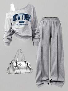 Youth Girl Letter Print Round Neck Asymmetrical Shoulder Long Sleeve Top And Long Pants - Grey - View 1