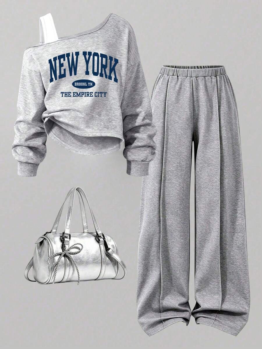 Youth Girl Letter Print Round Neck Asymmetrical Shoulder Long Sleeve Top And Long Pants - Grey - View 1