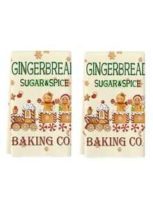 2pcs Christmas Gingerbread Sugar And Spice Print Kitchen Towels, Baking Company Cookie Design Dish Cloths, Suitable For Kitchen Cleaning & Christmas Decor - White - View 6