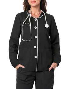 1pc Contrast Trim Elegant Woven Fabric Small Stand Collar Button Front Pocket Long Sleeve Top For Women, Long Sleeve Nurse Uniform Clinic Reception Catering Workwear Spring Autumn - Black - View 3