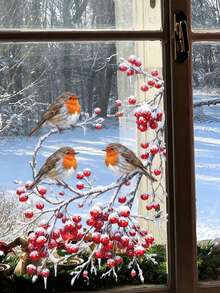 1PC Christmas Robin Window Sticker, 3 Cute Red-Breasted Birds Perched On Snow-Covered Red Berry Branches, Easy To Install Double-Sided Visible Static Adhesion Window Decal, Suitable For Home Living Room Kitchen Glass Window Winter Holiday Decoration Sticker, Beautiful Sticker - Robin - View 5