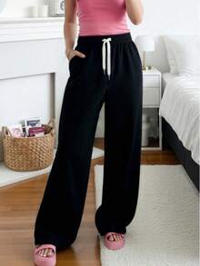 Women's Casual Minimalist Drawstring Waist Pocket Sweatpants Black - Black - View 4