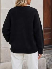 Plus Size Women's Essential V-Neck Long Sleeve Sweater - Must-Have Autumn/Winter Wardrobe Item Black - Black - View 4