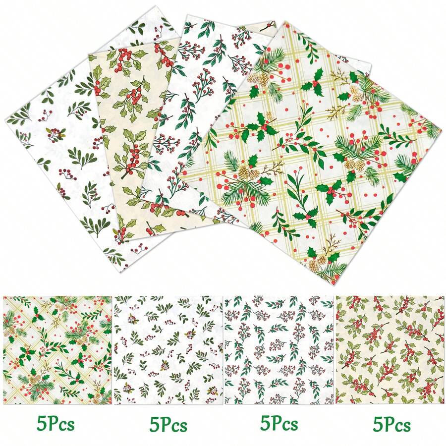 20 Pcs 13 * 13 Inch 4 Christmas Berry Holly Print Combination Disposable Napkins, 5pcs Per Pattern, Suitable For Christmas Parties, Winter Banquets, Table Decorations, Restaurants, Outdoor Picnics, And Holiday Party Decorations