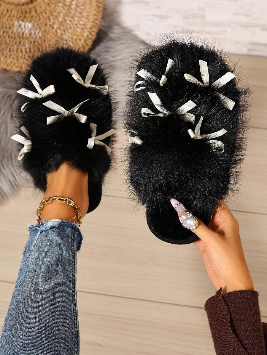 Bowknot Plush Closed-Toe Slippers, New Autumn/Winter Home Warm Cute Fuzzy Slippers For Indoor And Outdoor Wear