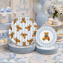 10/20/40pcs Blue & White Striped Teddy Bear Disposable Paper Plates, Vintage Cute Style, Bow Teddy Bear Print Thickened Paper Plates, Suitable For Baby Shower, Birthday Party, Gender Reveal Party, Afternoon Tea And Dessert Table Decoration - Multicolor - View 6