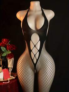 4-Piece Set Of Charming Tank Tops, Featuring New Design With High Elasticity Mesh Fabric, Wide Leg Cut And Deep V-Neck Mesh Style. These Tank Tops Have Large Openings, Made Of Fishnet Fabric, Providing A Fitted Cut Effect, Sleeveless. - Black - View 3
