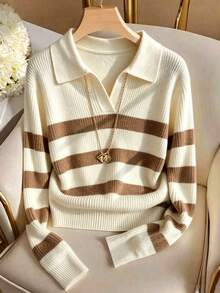 Women's Autumn/Winter Striped Long Sleeve Casual Loose Knit Sweater, And Gatherings Fall - Camel Apricot - View 1