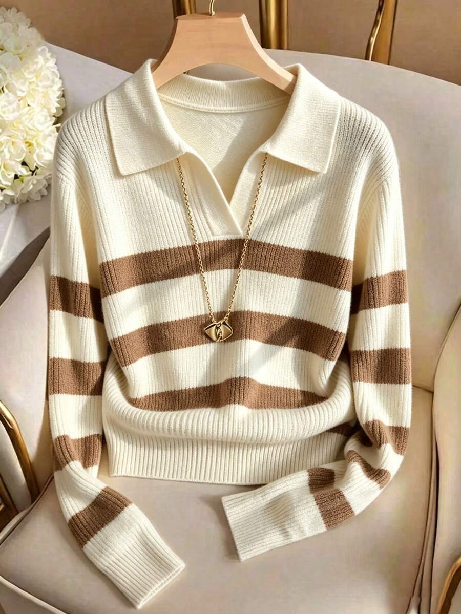 Women's Autumn/Winter Striped Long Sleeve Casual Loose Knit Sweater, And Gatherings Fall - Camel Apricot - View 1