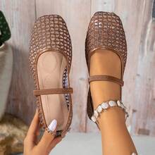 Square Toe Mesh Hollow Out Elastic Strap Mary Jane Flat Breathable Thin Ballet Style Shoes - Brown - View 10