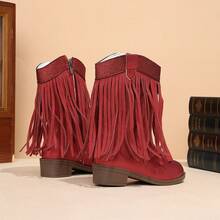 Sepatu Boots Anak Perempuan Gaya Western dengan Rumbai, Hak Tinggi, Nyaman dan Serbaguna, Desain Colorblock, Ujung Runcing, Resleting Samping, Panjang Tengah Betis, Kasual - Merah - View 5