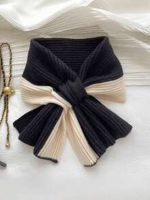1pc Women Soft Ribbed Knit Bow Scarf, Contrast Color Patchwork Twisted Design Warm Neck Warmer, Suitable For Daily Outings And Commuting, Elegant Minimalist Style Autumn/Winter Neck Accessory - Multicolor - View 9