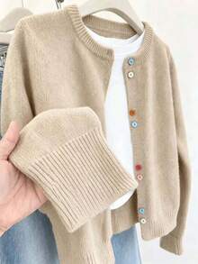 Colorful Button Front Knit Cardigan, Vintage Round Neck Lime Green Versatile Cardigan, Unique Design Niche Versatile Autumn Style - Apricot - View 2