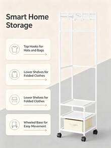 Mobile Garment Rack With Wheels, Multi‑Functional Metal Clothes Stand With Top Hooks & 3‑Tier Storage Shelves, Freestanding Clothing Organizer For Bedroom Entryway - View 3