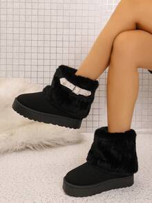 Women's Solid Color Plush Fur Trim Snow Boots, White Pearl Decor Buckle Strap Thick Sole Ankle Boots - Black - View 2