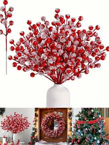 1/15pcs Christmas Tree Wreath Frost Artificial Red Berry Branches, Room Decor, Christmas Decor Home, Christmas Decorations, Snowy Christmas Red Spray Painted Decorative Branches, Holly Berry Branches, Christmas Tree Decoration, Holiday Handmade, Christmas Hanging Decor, Room Decoration - Snowberry - View 1
