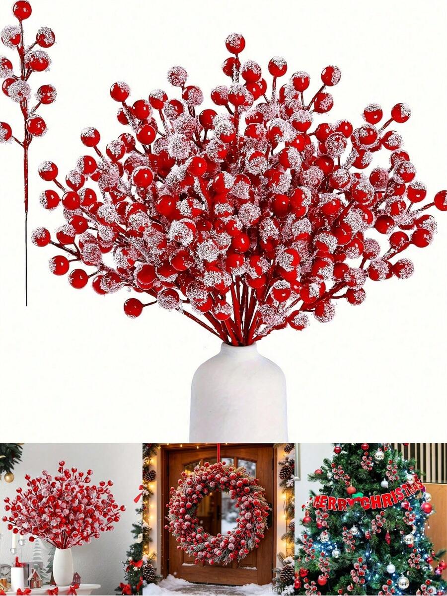1/15pcs Christmas Tree Wreath Frost Artificial Red Berry Branches, Room Decor, Christmas Decor Home, Christmas Decorations, Snowy Christmas Red Spray Painted Decorative Branches, Holly Berry Branches, Christmas Tree Decoration, Holiday Handmade, Christmas Hanging Decor, Room Decoration - Snowberry - View 1