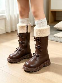Girls' Brown Plush Fold-Over Bow High-Top Boots | Side Zipper Thick Sole Anti-Slip Thermal Lined Warm Boots For Autumn/Winter - Brown - View 5