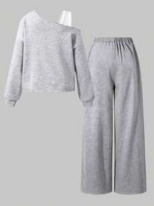 Youth Girl Letter Print Round Neck Asymmetric Shoulder Long Sleeve Top And Pants - Grey - View 2